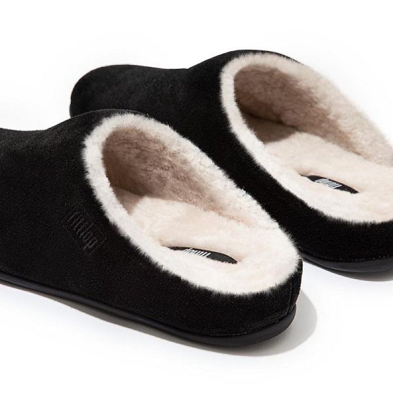 FitFlop Chrissie Shearling Suede Women's Slippers Black | 517EITPYJ