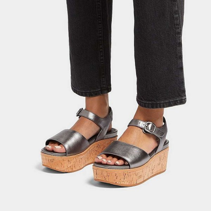 FitFlop Eloise Cork-Wrap Metallic Leather Back-Strap Wedge Women's Sandals Blue / Grey | 504WOKMAX