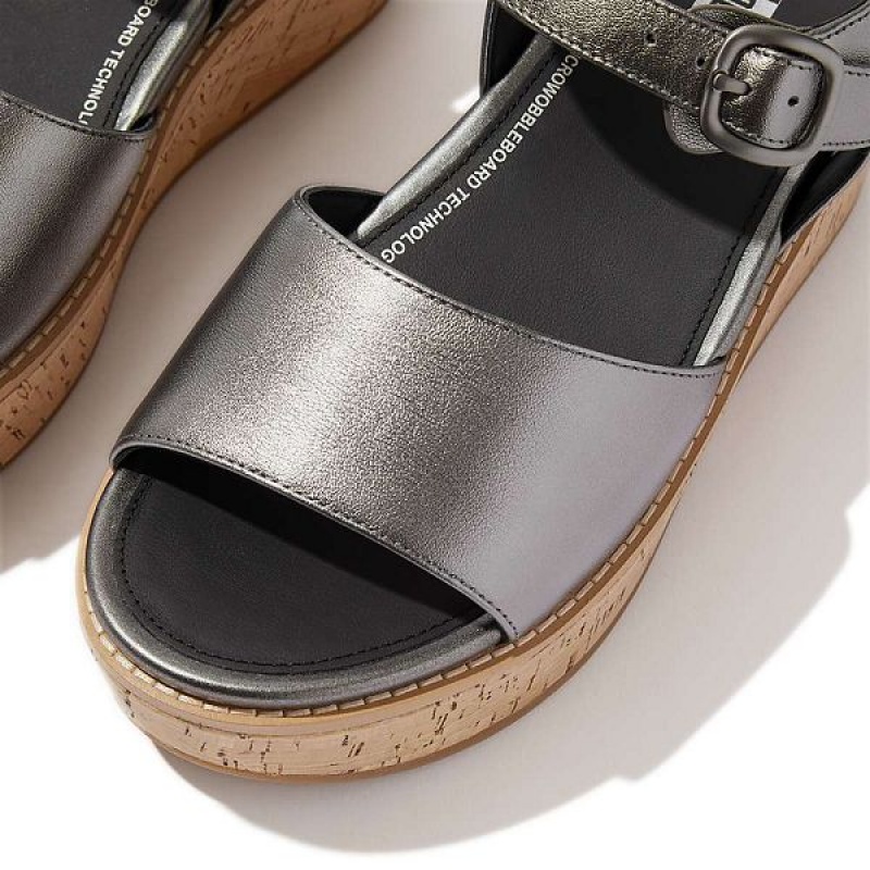 FitFlop Eloise Cork-Wrap Metallic Leather Back-Strap Wedge Women's Sandals Blue / Grey | 504WOKMAX