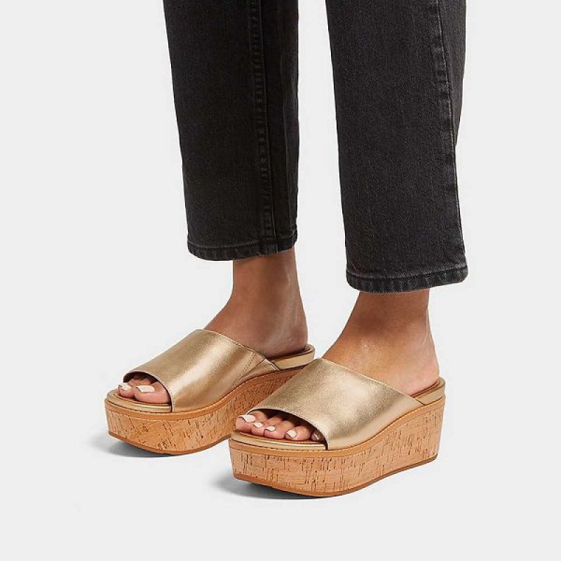 FitFlop Eloise Cork-Wrap Metallic Leather Wedge Women's Slides Brown / Gold | 138KZCQLX