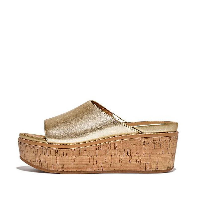 FitFlop Eloise Cork-Wrap Metallic Leather Wedge Women\'s Slides Brown / Gold | 138KZCQLX