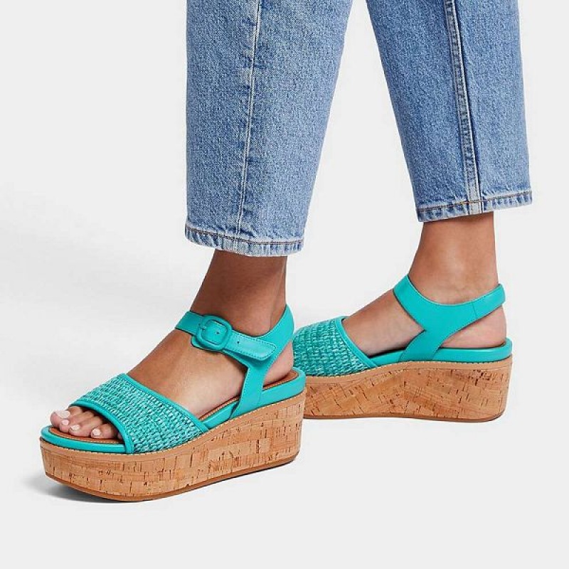 FitFlop Eloise Cork-Wrap Woven Back-Strap Wedge Women's Sandals Blue / White | 892AGITSP