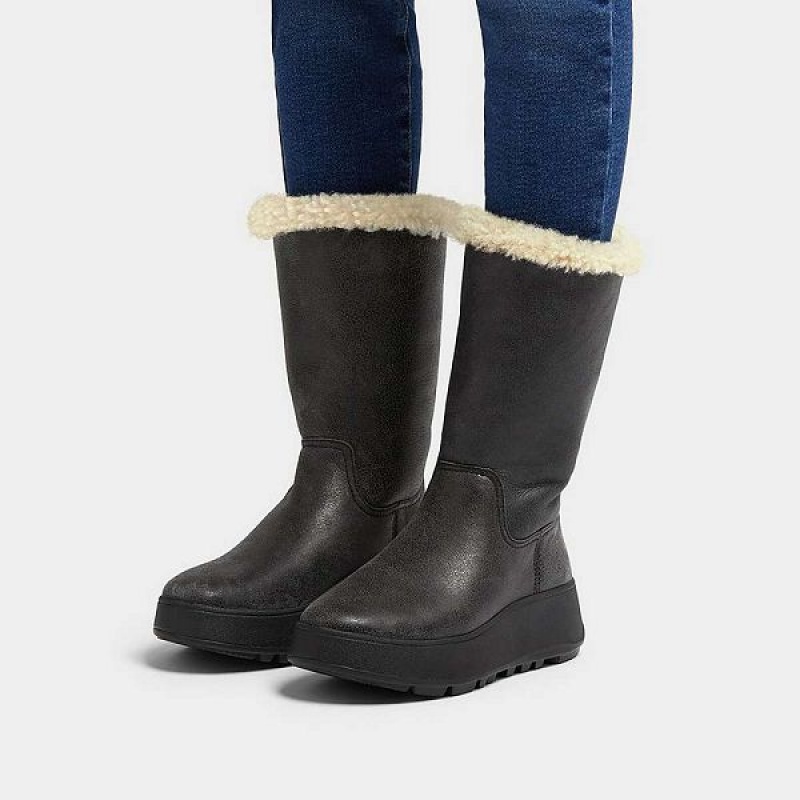 FitFlop F-Mode Double Faced Shearling Leather Flatform Women's Calf Boots Black | 147GINECO