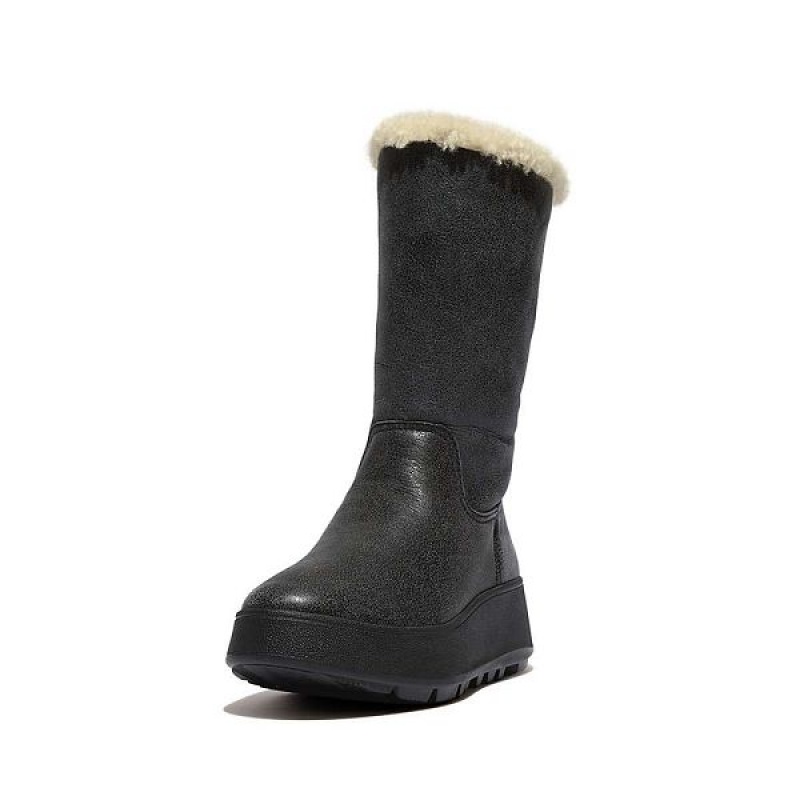 FitFlop F-Mode Double Faced Shearling Leather Flatform Women's Calf Boots Black | 147GINECO