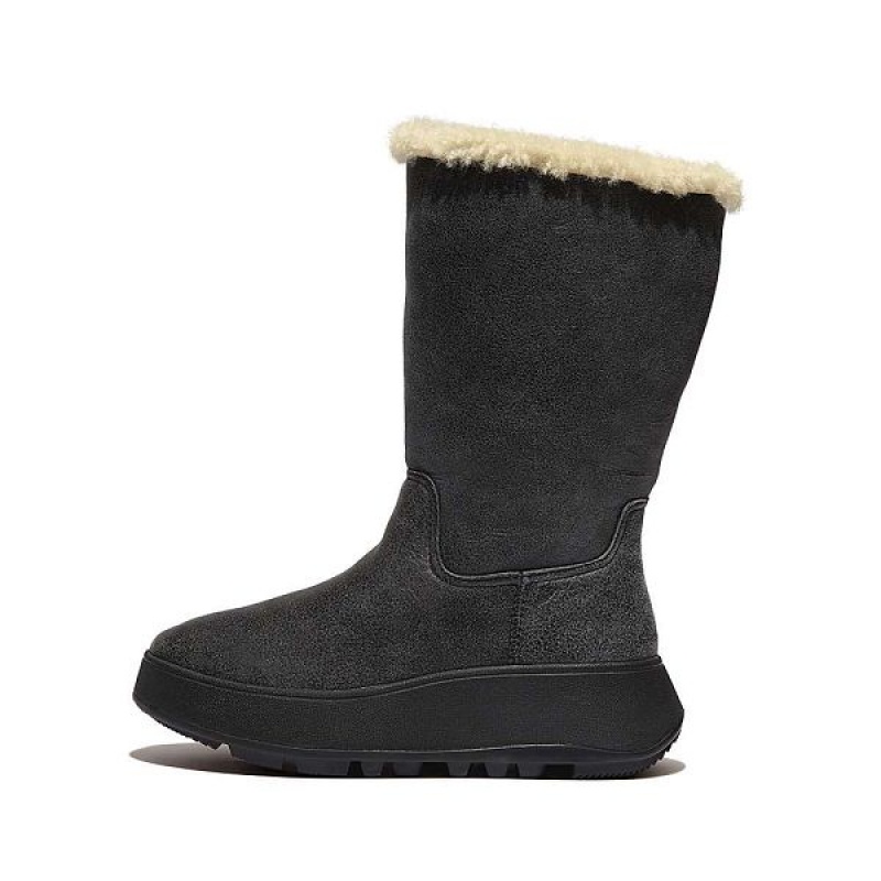 FitFlop F-Mode Double Faced Shearling Leather Flatform Women\'s Calf Boots Black | 147GINECO