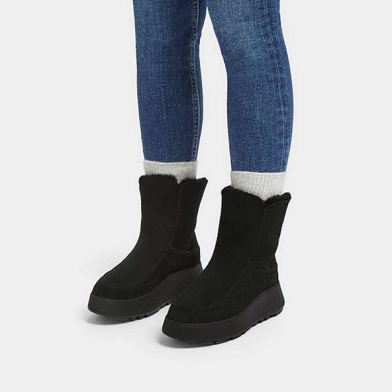 FitFlop F-Mode Double Faced Shearling Women's Flatform Boots Black | 398HZVECB