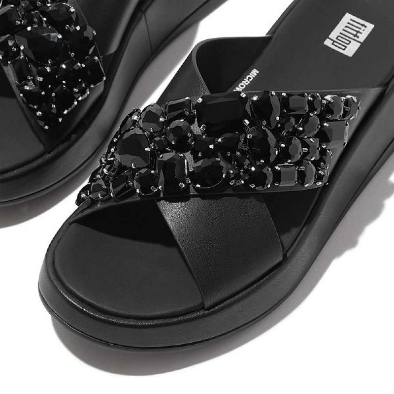 FitFlop F-Mode Jewel Deluxe Leather Flatform Cross Women's Slides Black | 328PBQRNV