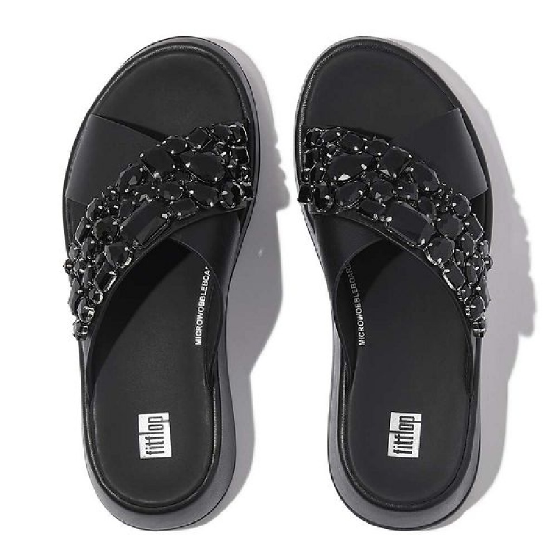 FitFlop F-Mode Jewel Deluxe Leather Flatform Cross Women's Slides Black | 328PBQRNV