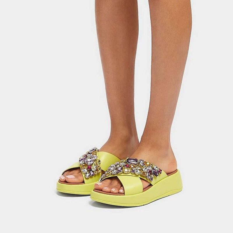 FitFlop F-Mode Jewel Deluxe Leather Flatform Cross Women's Slides Light Green | 043UIYABX