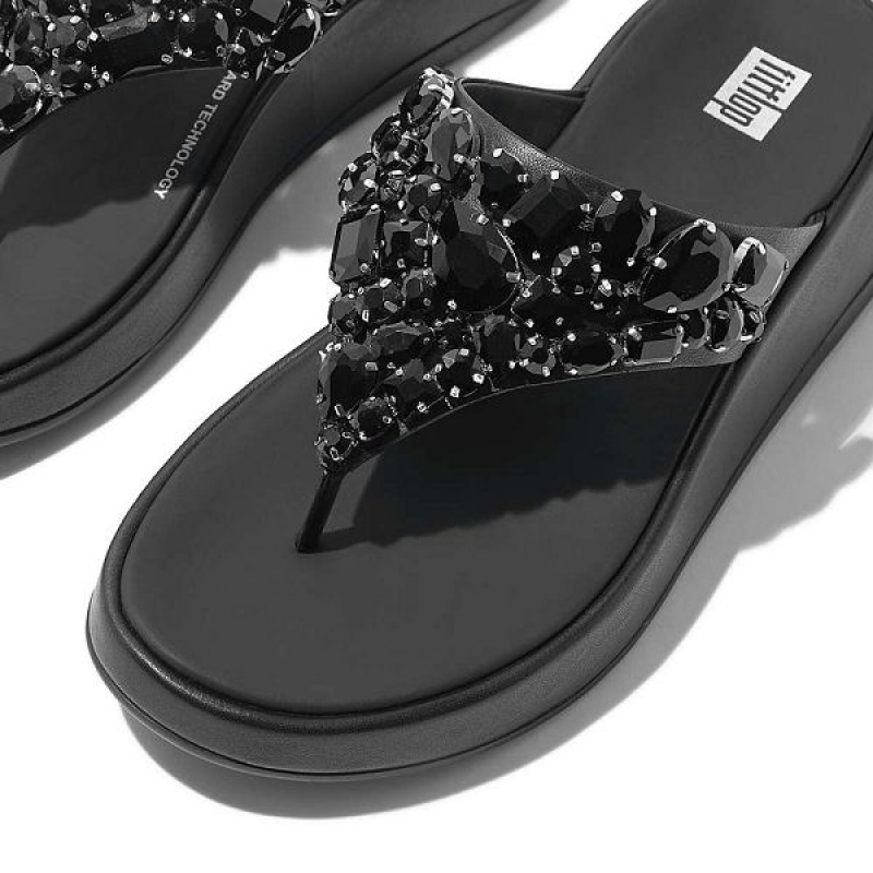 FitFlop F-Mode Jewel Deluxe Leather Flatform Toe-Post Women's Sandals Black | 362BLEIRU