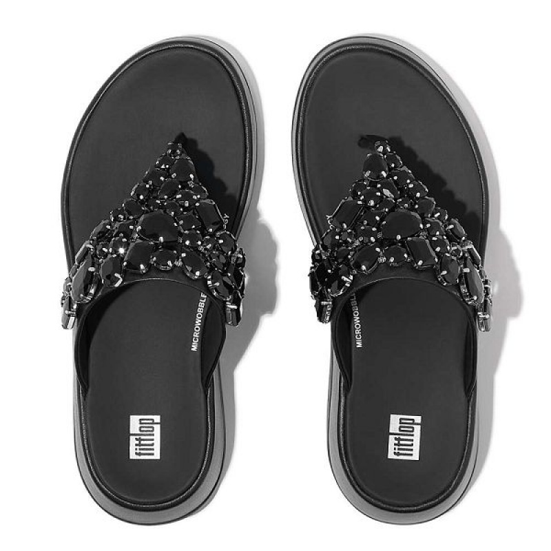 FitFlop F-Mode Jewel Deluxe Leather Flatform Toe-Post Women's Sandals Black | 362BLEIRU