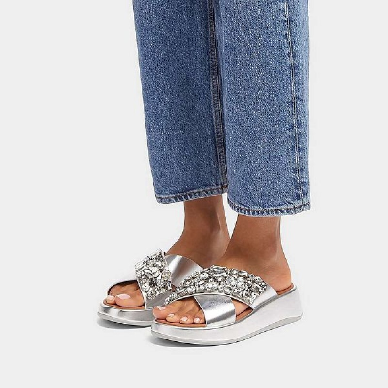 FitFlop F-Mode Jewel Deluxe Metallic Leather Flatform Cross Women's Slides Silver | 172NZVLID