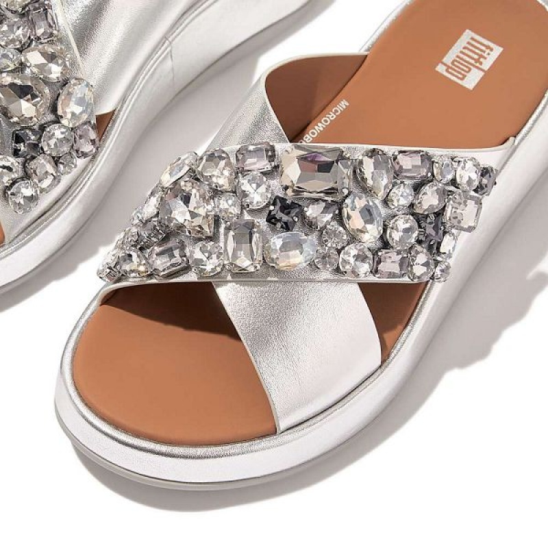 FitFlop F-Mode Jewel Deluxe Metallic Leather Flatform Cross Women's Slides Silver | 172NZVLID