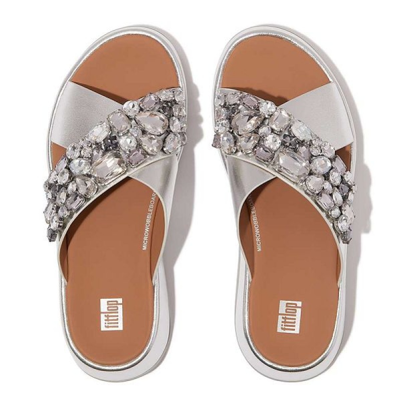 FitFlop F-Mode Jewel Deluxe Metallic Leather Flatform Cross Women's Slides Silver | 172NZVLID