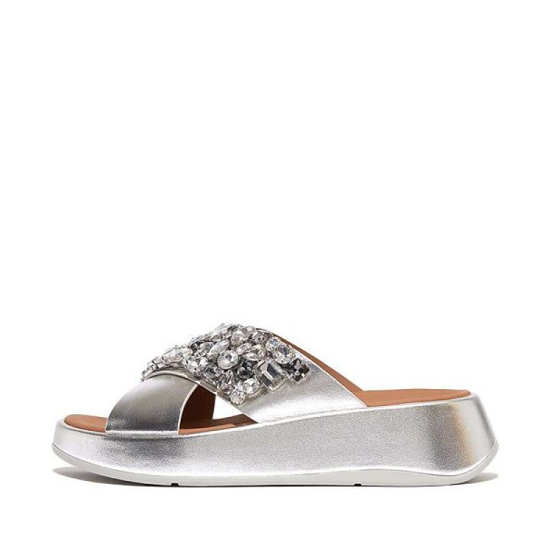 FitFlop F-Mode Jewel Deluxe Metallic Leather Flatform Cross Women\'s Slides Silver | 172NZVLID