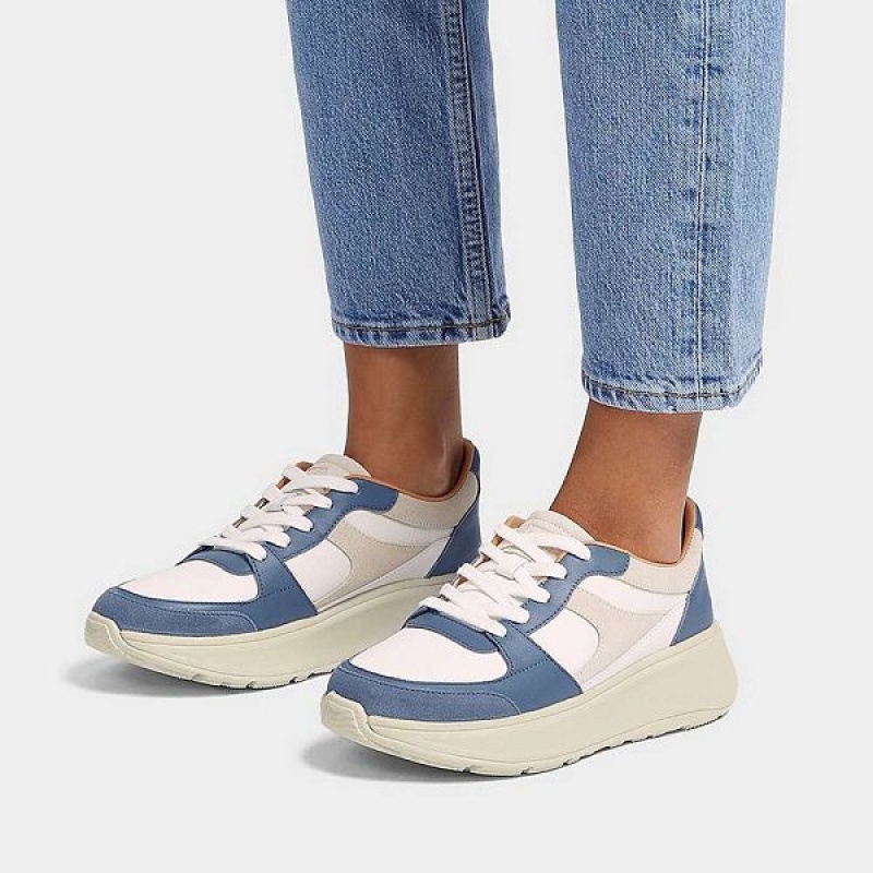 FitFlop F-Mode Leather-Mix Flatform Women's Sneakers Blue | 275EXTSNV