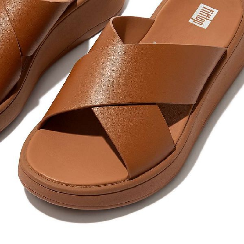 FitFlop F-Mode Leather Flatform Cross Women's Slides Light Brown | 039MAUVBH