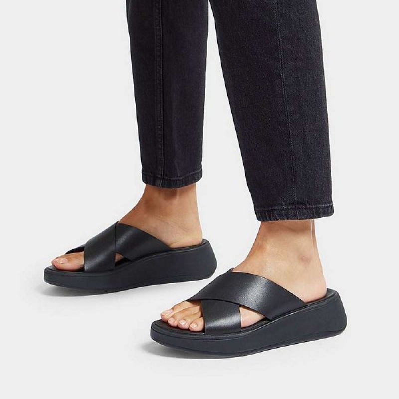 FitFlop F-Mode Leather Flatform Cross Women's Slides Black | 258JQMELN