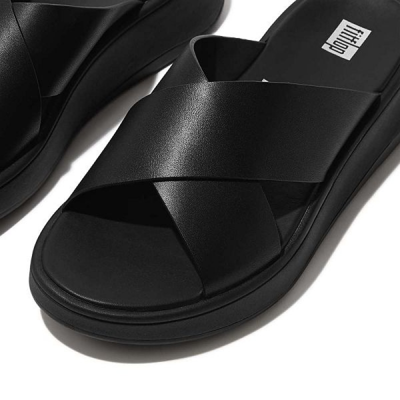 FitFlop F-Mode Leather Flatform Cross Women's Slides Black | 258JQMELN