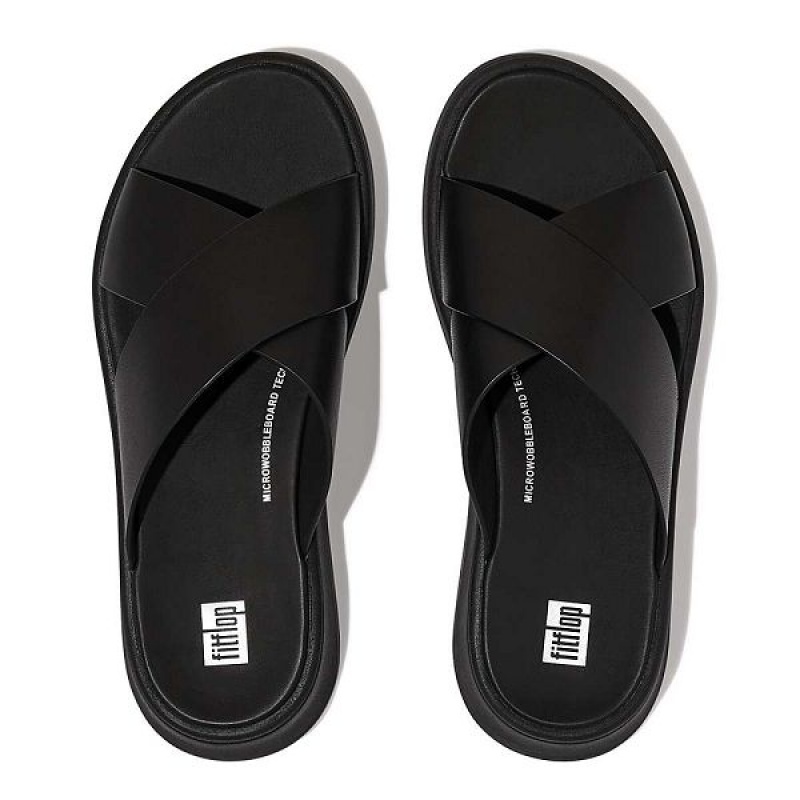 FitFlop F-Mode Leather Flatform Cross Women's Slides Black | 258JQMELN