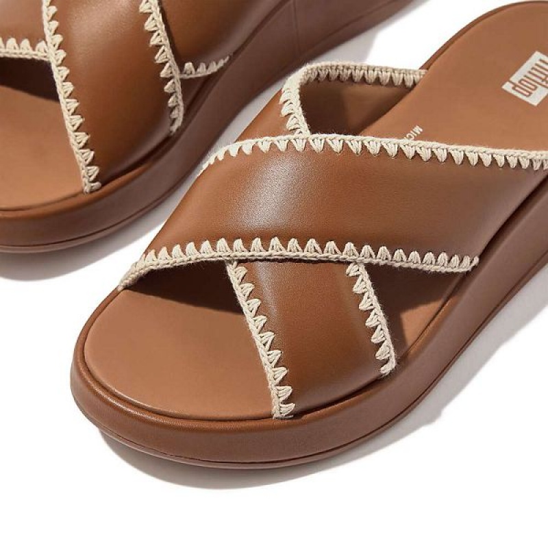 FitFlop F-Mode Leather Flatform Cross Women's Slides Light Brown | 147OLSXYA