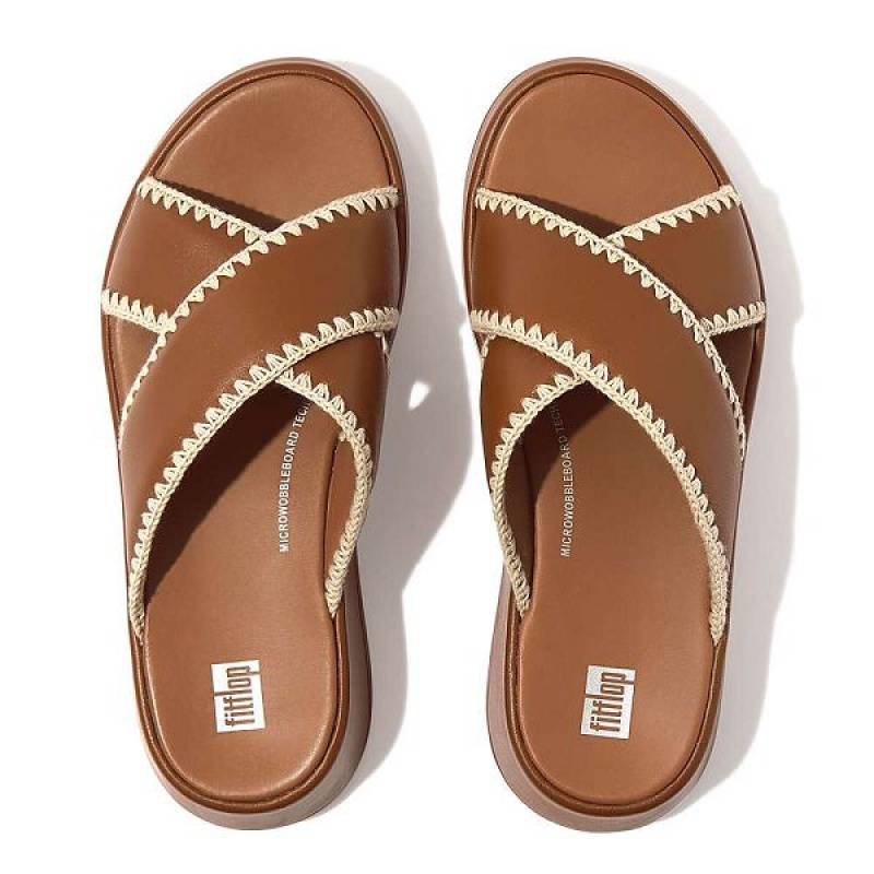 FitFlop F-Mode Leather Flatform Cross Women's Slides Light Brown | 147OLSXYA