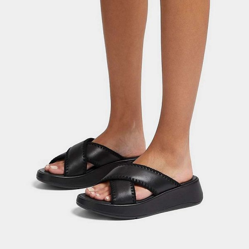 FitFlop F-Mode Leather Flatform Cross Women's Slides Black | 713DSBHVL