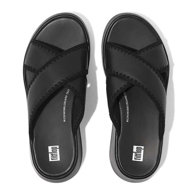 FitFlop F-Mode Leather Flatform Cross Women's Slides Black | 713DSBHVL