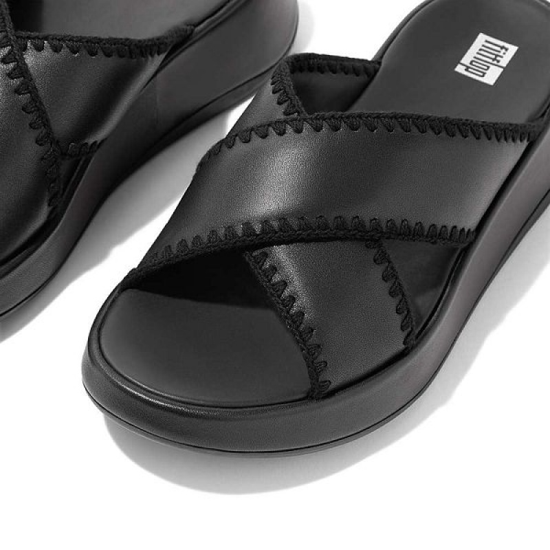 FitFlop F-Mode Leather Flatform Cross Women's Slides Black | 713DSBHVL