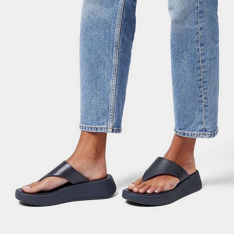 FitFlop F-Mode Leather Flatform Toe-Post Women's Sandals Navy | 369QCGFUD