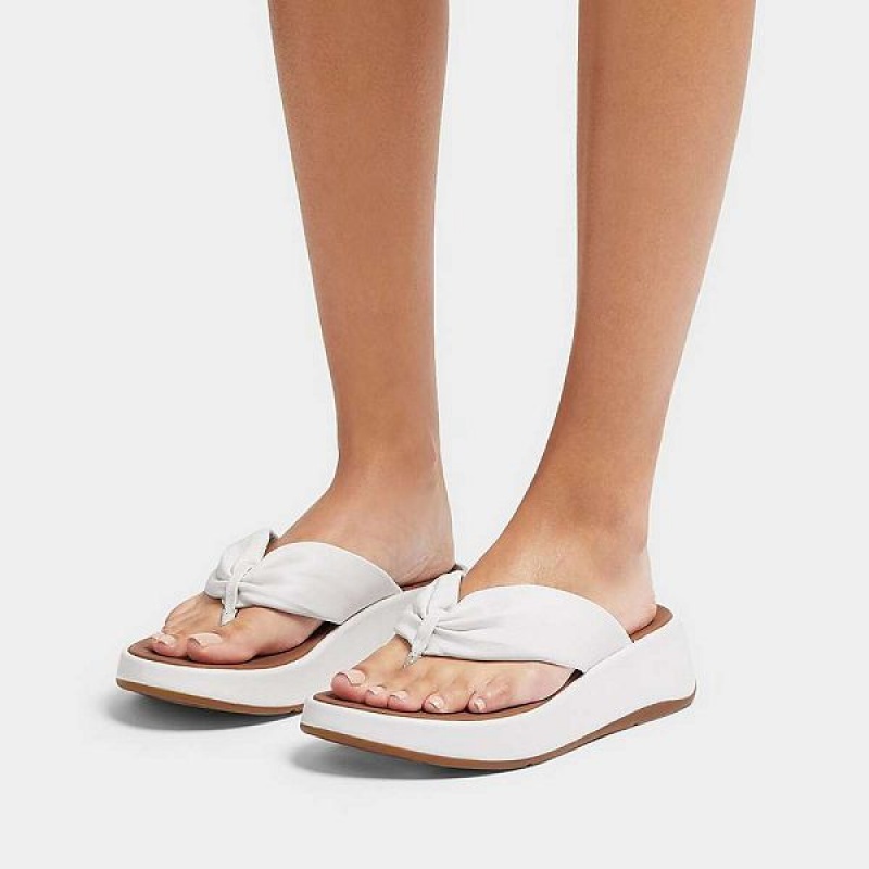 FitFlop F-Mode Leather Twist Flatform Toe-Post Women's Sandals White | 601RDVFCY