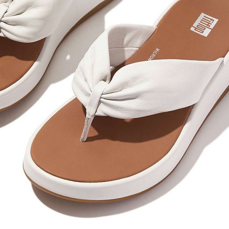 FitFlop F-Mode Leather Twist Flatform Toe-Post Women's Sandals White | 601RDVFCY