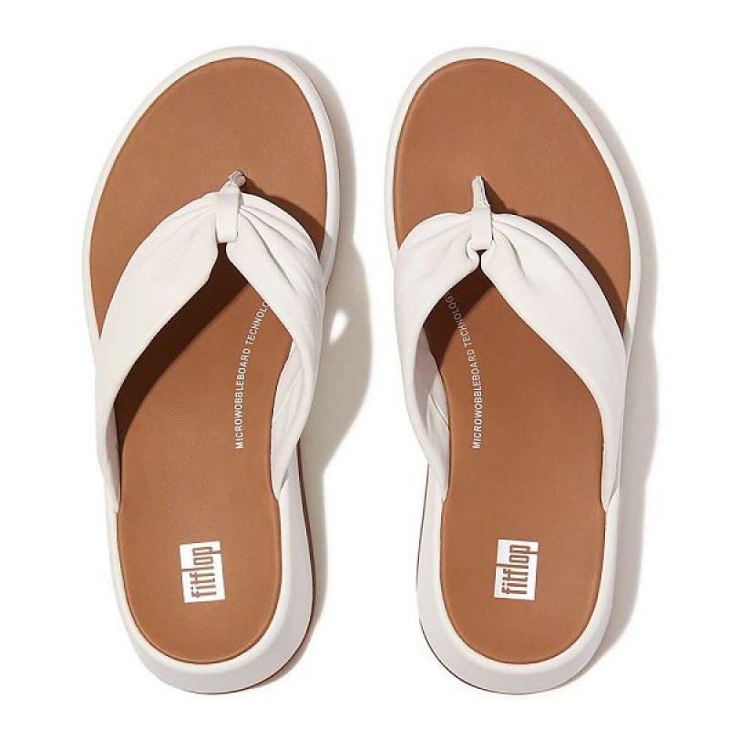 FitFlop F-Mode Leather Twist Flatform Toe-Post Women's Sandals White | 601RDVFCY