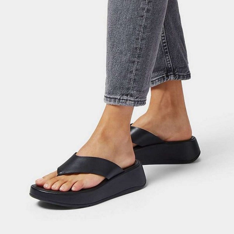 FitFlop F-Mode Luxe Leather Flatform Toe-Post Women's Sandals Black | 349IOWDBR