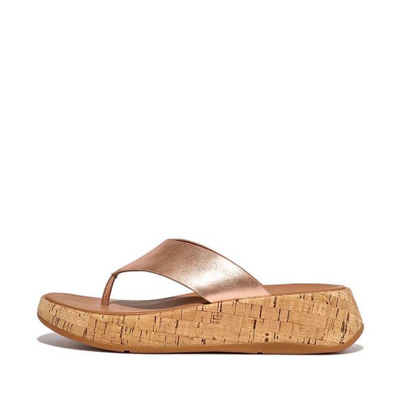 FitFlop F-Mode Metallic Leather Cork Flatform Toe-Post Women\'s Sandals Rose Gold | 813XHPTWE