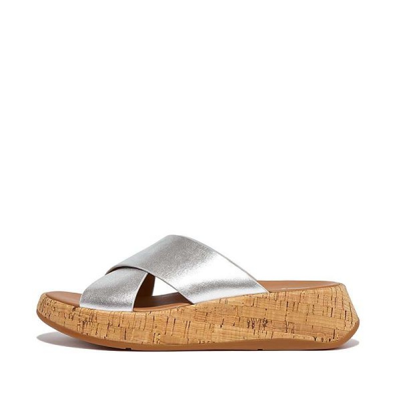 FitFlop F-Mode Metallic Leather Cork Flatform Cross Women\'s Slides Silver | 847HBFSMK