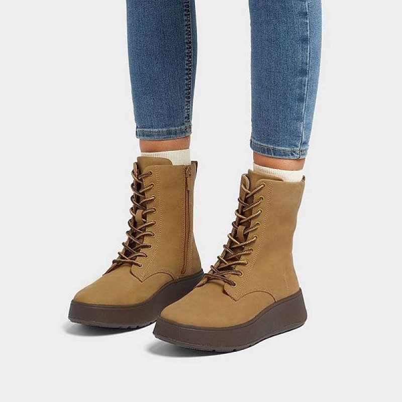 FitFlop F-Mode Nubuck Lace Up Flatform Women's Ankle Boots Brown | 420SZELPT