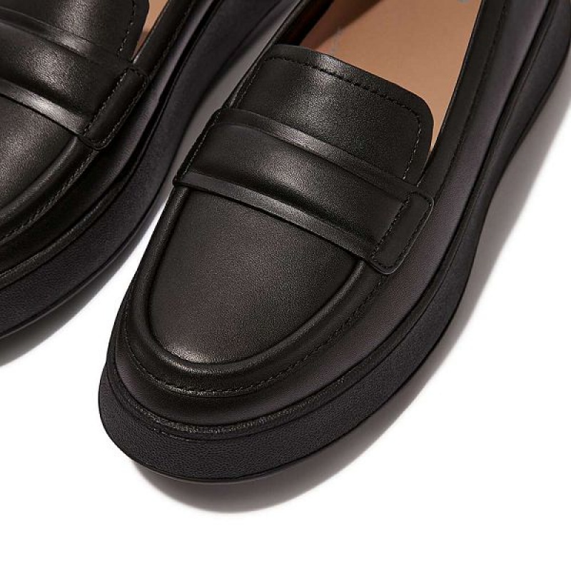 FitFlop F-Mode Padded Detail Leather Flatform Loafers Women's Loafers Black | 351CDTGEU