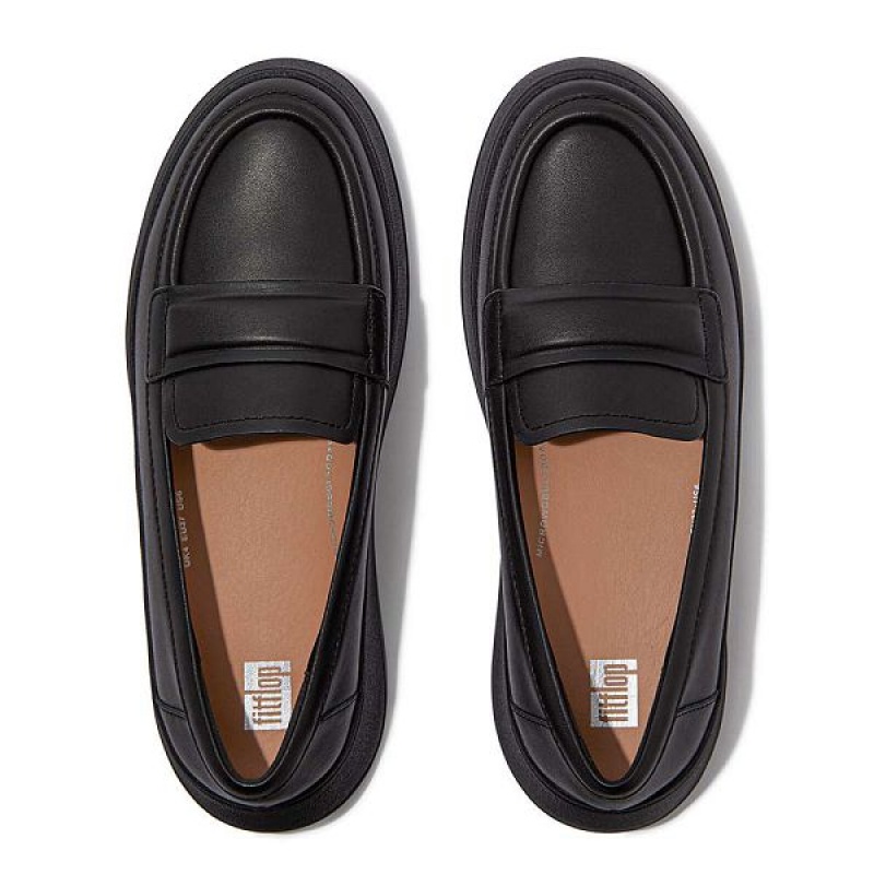 FitFlop F-Mode Padded Detail Leather Flatform Loafers Women's Loafers Black | 351CDTGEU