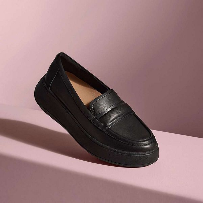 FitFlop F-Mode Padded Detail Leather Flatform Loafers Women's Loafers Black | 351CDTGEU