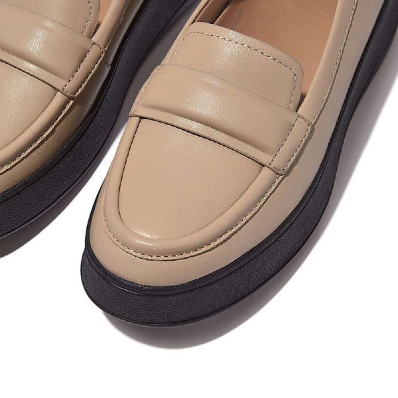 FitFlop F-Mode Padded Detail Leather Flatform Loafers Women's Loafers Beige / Black | 382EUBJAK