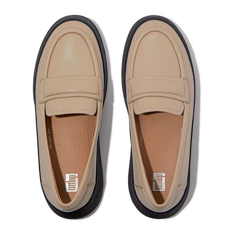 FitFlop F-Mode Padded Detail Leather Flatform Loafers Women's Loafers Beige / Black | 382EUBJAK