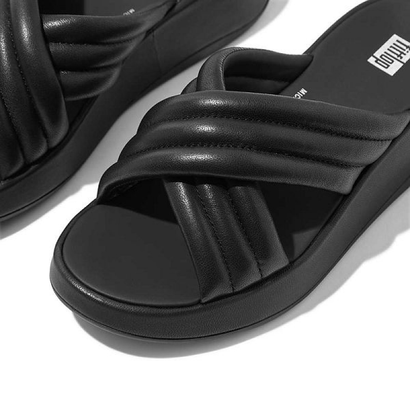 FitFlop F-Mode Padded Leather Flatform Cross Women's Slides Black | 860ZUNSGY