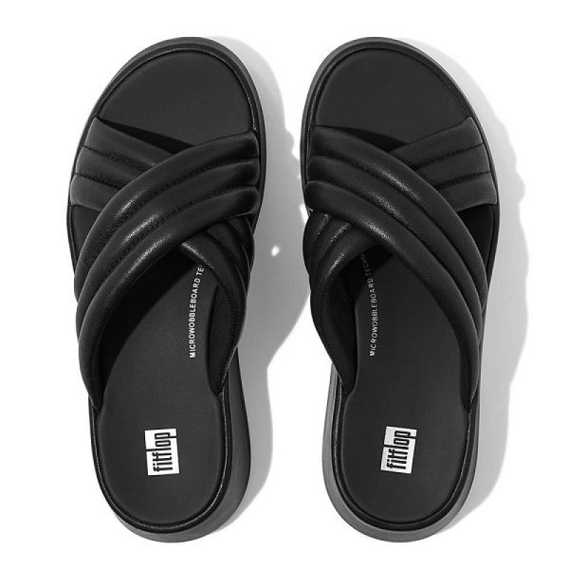 FitFlop F-Mode Padded Leather Flatform Cross Women's Slides Black | 860ZUNSGY