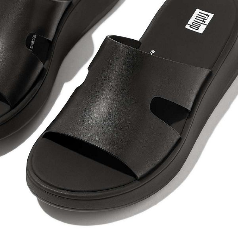 FitFlop F-Mode Raw Edge Leather Flatform H Bar Women's Slides Black | 598ZBNPLU