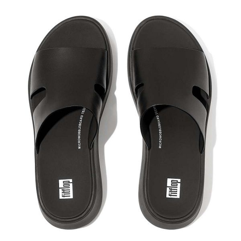 FitFlop F-Mode Raw Edge Leather Flatform H Bar Women's Slides Black | 598ZBNPLU