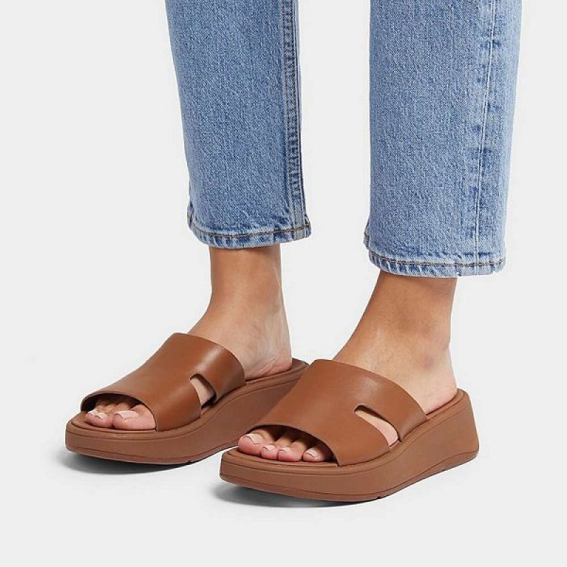 FitFlop F-Mode Raw Edge Leather Flatform H Bar Women's Slides Light Brown | 263BRMGJN