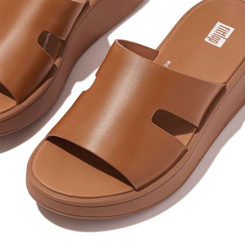 FitFlop F-Mode Raw Edge Leather Flatform H Bar Women's Slides Light Brown | 263BRMGJN