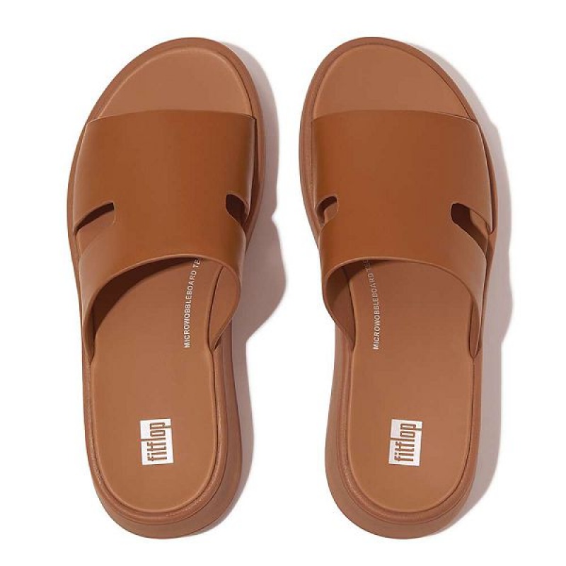 FitFlop F-Mode Raw Edge Leather Flatform H Bar Women's Slides Light Brown | 263BRMGJN