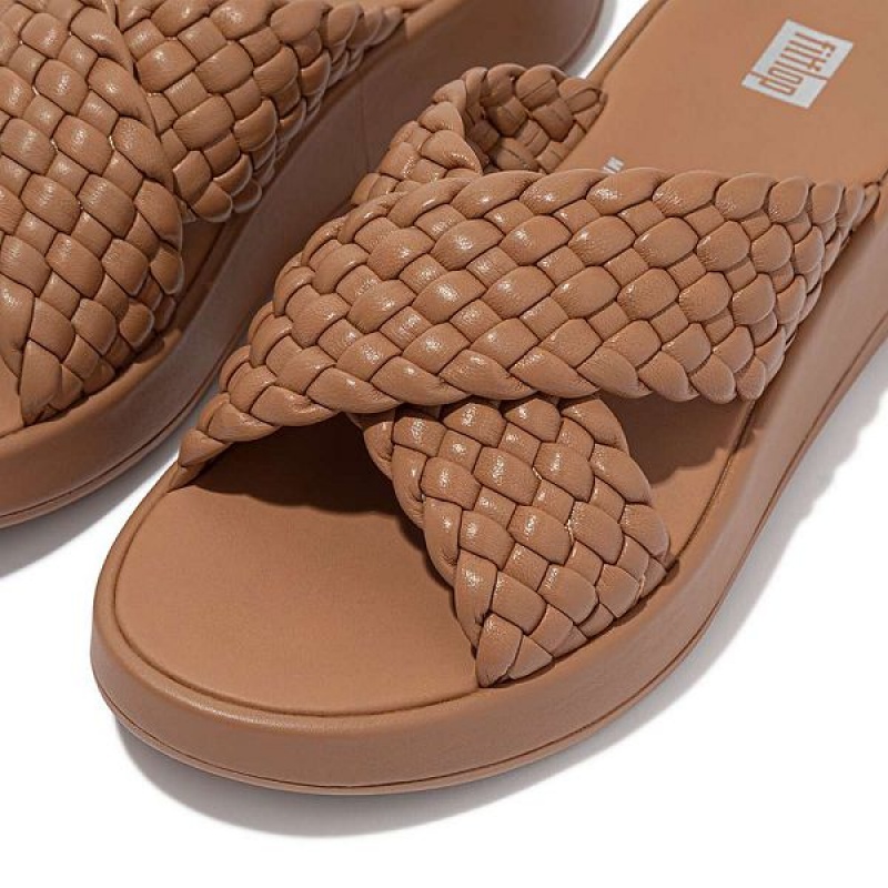 FitFlop F-Mode Woven Leather Flatform Cross Women's Slides Brown | 723LWODRJ